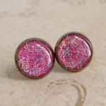 Glitter Earrings - Neon Pink Stud Earrings, Resin..