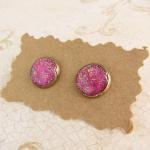 Glitter Earrings - Neon Pink Stud Earrings, Resin..