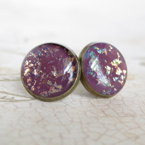 Stud Earrings, Purple Glitter Earrings, Resin Fake Plugs - Fall Leaves