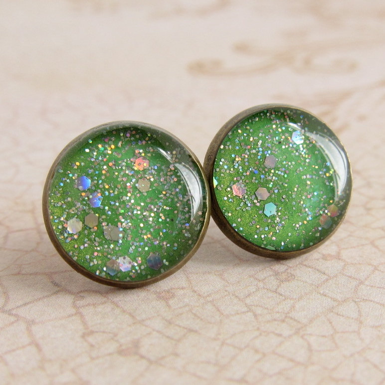 Green Earrings, Post Earrings, Stud Earrings, Resin Earrings, Glitter Earrings, Sparkly Earrings