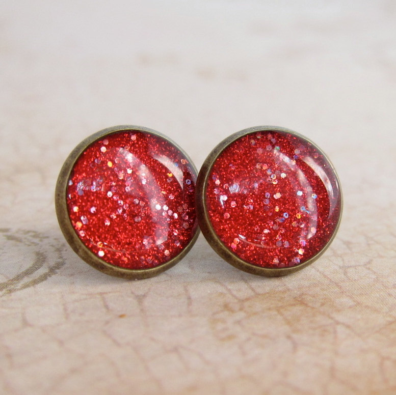 Stud Earrings - Resin Jewelry, Fake Plugs, Red Glitter Earrings, 12mm - Dorothy