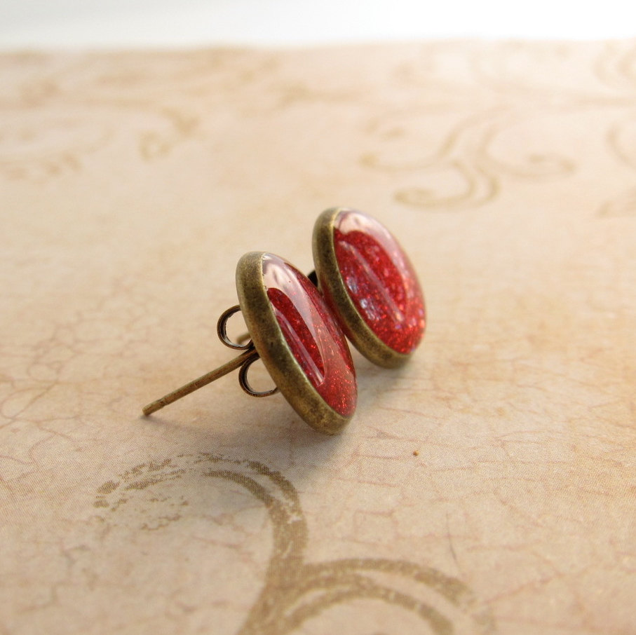 Stud Earrings Resin Jewelry, Fake Plugs, Red Glitter Earrings, 12mm